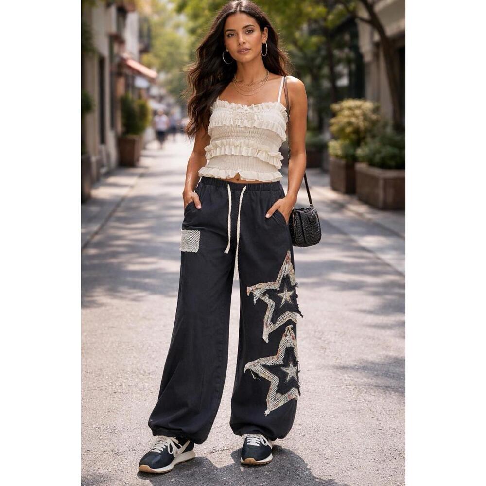 POL Black Patchwork Star Pants Large NIP 100% Cot… - image 1